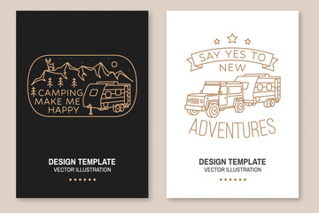 Say yes to new adventure. Camping. Vector illustration. Concept for shirt or logo, print, stamp or tee. Set of Line art flyer, brochure, banner, poster with off-road car, RV Motorhome and forest. - obrazy, fototapety, plakaty