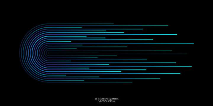 Vector half circles lines flowing dynamic pattern in blue green colors isolated on black background for concept of AI technology, digital, communication, science, music