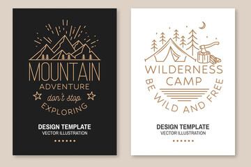 Wilderness camp. Be wild and free. Mountains related line art quote. Vector illustration. Set of Line art flyer, brochure, banner, poster with campin tent, axe and forest silhouette.