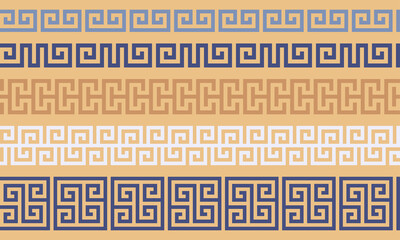 Greek key seamless border collection. Decorative ancient meander, Greece ornamental set with repeated geometric motif. Vector EPS10.
