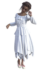 Fototapeta premium Illustration of a young girl in a white dress standing in a thinking pose