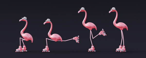 Pink flamingo in various poses rides roller skates on black background. Summer vacation concept 3D Render 3D Illustration © brankospejs