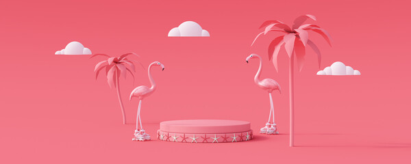Summer vacation concept with podium for products. Flamingo and palm tree on pink background 3D Render 3D illustration - obrazy, fototapety, plakaty