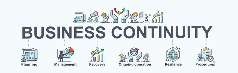 Business continuity banner web icon for business strategy and prevention,  recovery system with management, continuous operations, risk, resilience and procedures. Minimal vector infographic. - obrazy, fototapety, plakaty