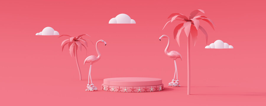 Summer vacation concept with podium for products. Flamingo and palm tree on pink background 3D Render 3D illustration