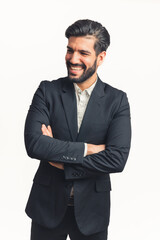 Vertical shot of a Latin bearded happy and smiling man in a black suit . High quality photo