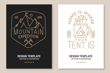 Home is where you tent is. Happy camper, mountain expedition. Vector. Set of Line art flyer, brochure, banner, poster with cup, camping tent, with ice axe, mountain and forest silhouette.