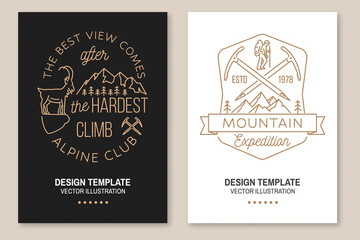The best view comes after the hardest climb. Alpine club badge. Set of Line art flyer, brochure, banner, poster with ice axe, rock climbing Goat, ice axe, mountaineer and mountain silhouette. Outdoors