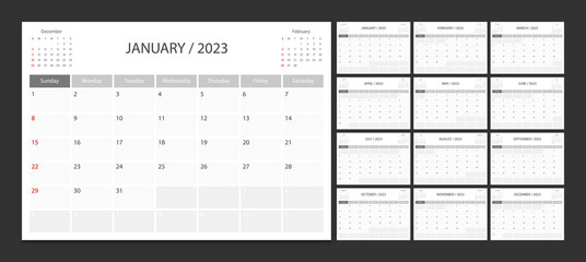 Calendar 2023 week start Sunday corporate design planner template.