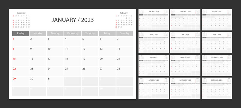 Calendar 2023 week start Sunday corporate design planner template.