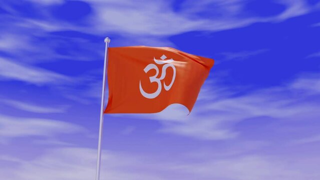 Religious Hindu Om Aum Flag during Daylight and beautiful sky - Animation