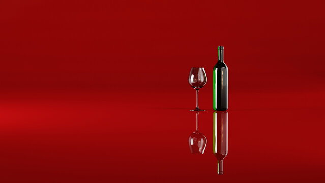 Bottle and glass of wine on red background, 3d rendering