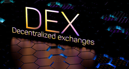 Decentralized exchange concept.Dex neon banner letters glowing on background with reflection.Decentralized EXchange various crypto currency network.3d render illustration.