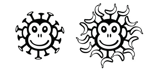 Cartoon monkey virus or monkeypox. The virus belongs to the genus Orthopoxvirus in the family Poxviridae. infectious disease. Ape face with banana