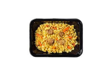 Restaurant style meat pilaf for home delivery in plastic box or container