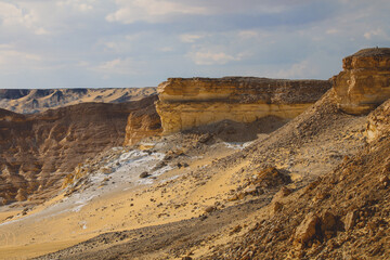 Panoramic View to the Sandy Hills in the Black Desert, is National park in the Farafra Oasis, Egypt