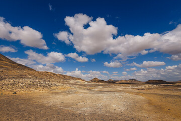 Panoramic View to the Sandy Hills in the Black Desert, is National park in the Farafra Oasis, Egypt