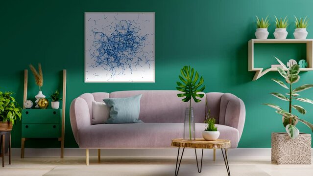 Cozy interior in green tones, animated abstraction and moving shadow