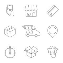 Online shopping and delivery. Simple black symbols. Vector illustration. EPS 10