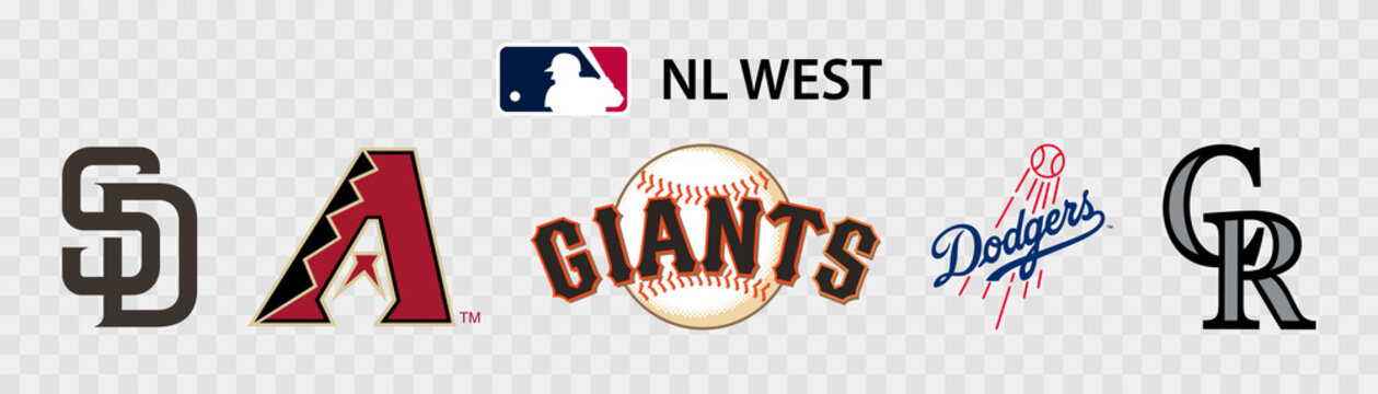Major League Baseball MLB. National League NL. NL West. San Diego Padres, Arizona Diamondbacks, San Francisco Giants, Los Angeles Dodgers, Colorado Rockies. Kyiv, Ukraine - May 22, 2022