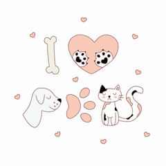 Pets cats and dogs seamless pattern in doodle style