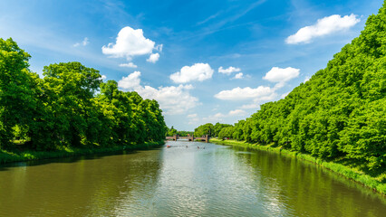 Fototapeta na wymiar View from the Sachsenbrücke at the Clara-Zetkin-Park