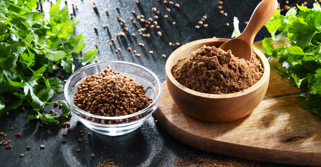Ground coriander, its dried seeds and fresh leaves