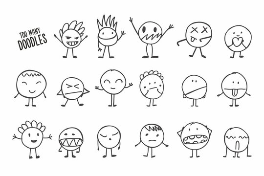 Cartoon doodles set with emoji. Line vector little people with hands and legs. Kids hand drawn characters.