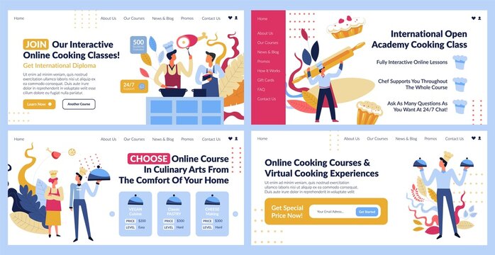 Online cooking class advertising at web banner set