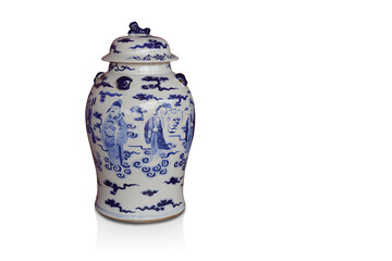 beautiful white and blue ceramic lid on vase on white background, object, decor, retro, vintage, copy space