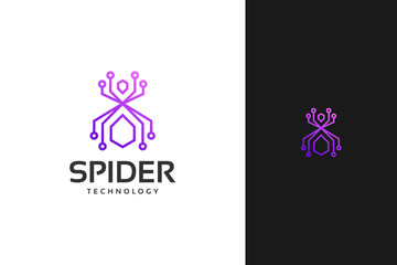 minimal spider tech technology logo design vector