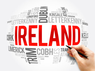 List of cities in Ireland word cloud collage, business and travel concept background
