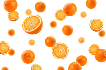 Falling orange isolated on white background, selective focus
