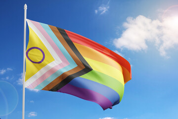 Intersex-inclusive progress pride flag on sky background. 3d illustration.