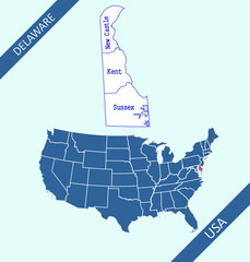 Delaware counties labeled on United States map