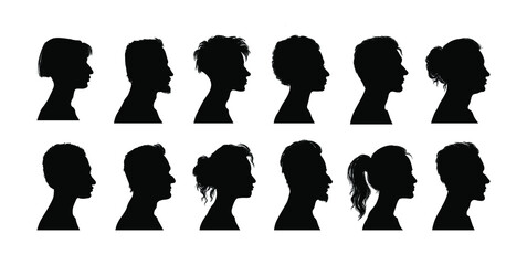 Set of diversity women and men silhouette portraits. Female and male head, face profile, vignette. Hand drawn illustration for invitation, postcard. Portraits of people with a hairstyle. Vector.	 - obrazy, fototapety, plakaty