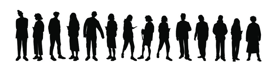 Set of vector silhouettes of men and a women, a group of standing business people, black color isolated on white background