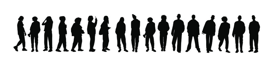 Set of vector silhouettes of men and a women, a group of standing business people, black color isolated on white background