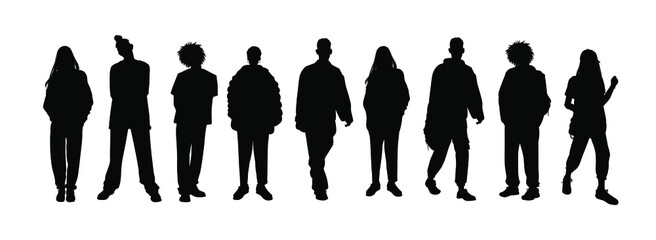 Set of vector silhouettes of men and a women, a group of standing business people, black color isolated on white background