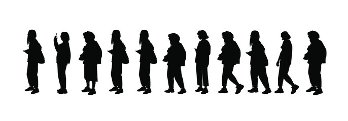 Set of vector silhouettes of men and a women, a group of standing business people, black color isolated on white background	
