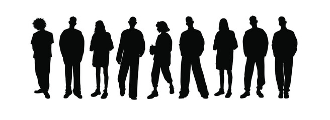 Set of vector silhouettes of men and a women, a group of standing business people, black color isolated on white background