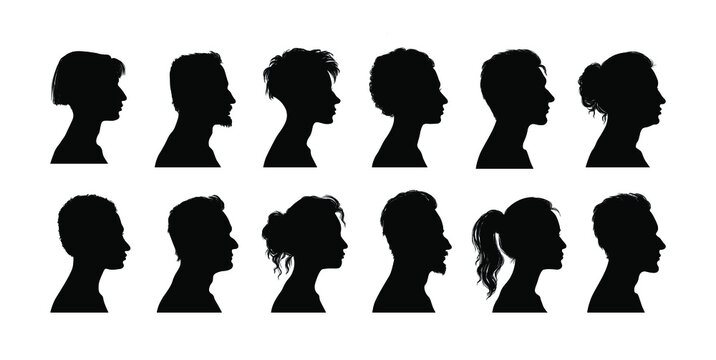 Set of diversity women and men silhouette portraits. Female and male head, face profile, vignette. Hand drawn illustration for invitation, postcard. Portraits of people with a hairstyle. Vector.	