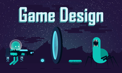 Game level design. Alien flat 2D arcade shooter.