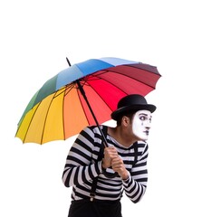 Mime with umbrella isolated on white background