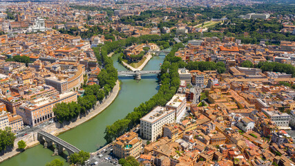Plakat Aerial view of Trastevere district and Tiber Island, the only river island in the part of the Tiber which runs through Rome, Italy. In the period of ancient Rome, the temple of Asclepius stood here