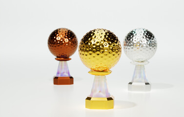 Bright Golf ball Gold Silver and Bronze Trophies Focused on Gold on a soft White