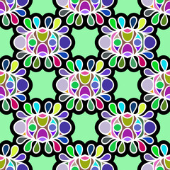 Fototapeta na wymiar seamless variegated floral pattern on a green background. bright abstract ornament. print, cover, template.