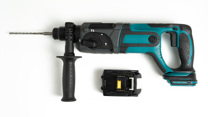 Top view, 3 system battery drill, on white background.