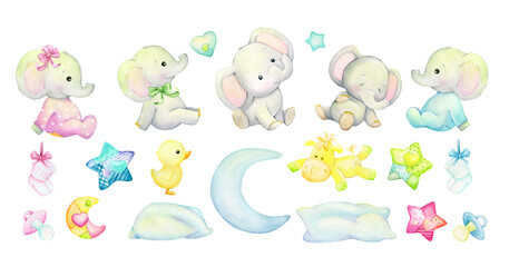 Baby elephants, moon, horse, stars, watercolor set, animals and toys, in cartoon style, on an isolated background.