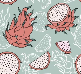 Poster Hand drawn summer Seamless pattern with Dragon fruit. vector illustration © andin